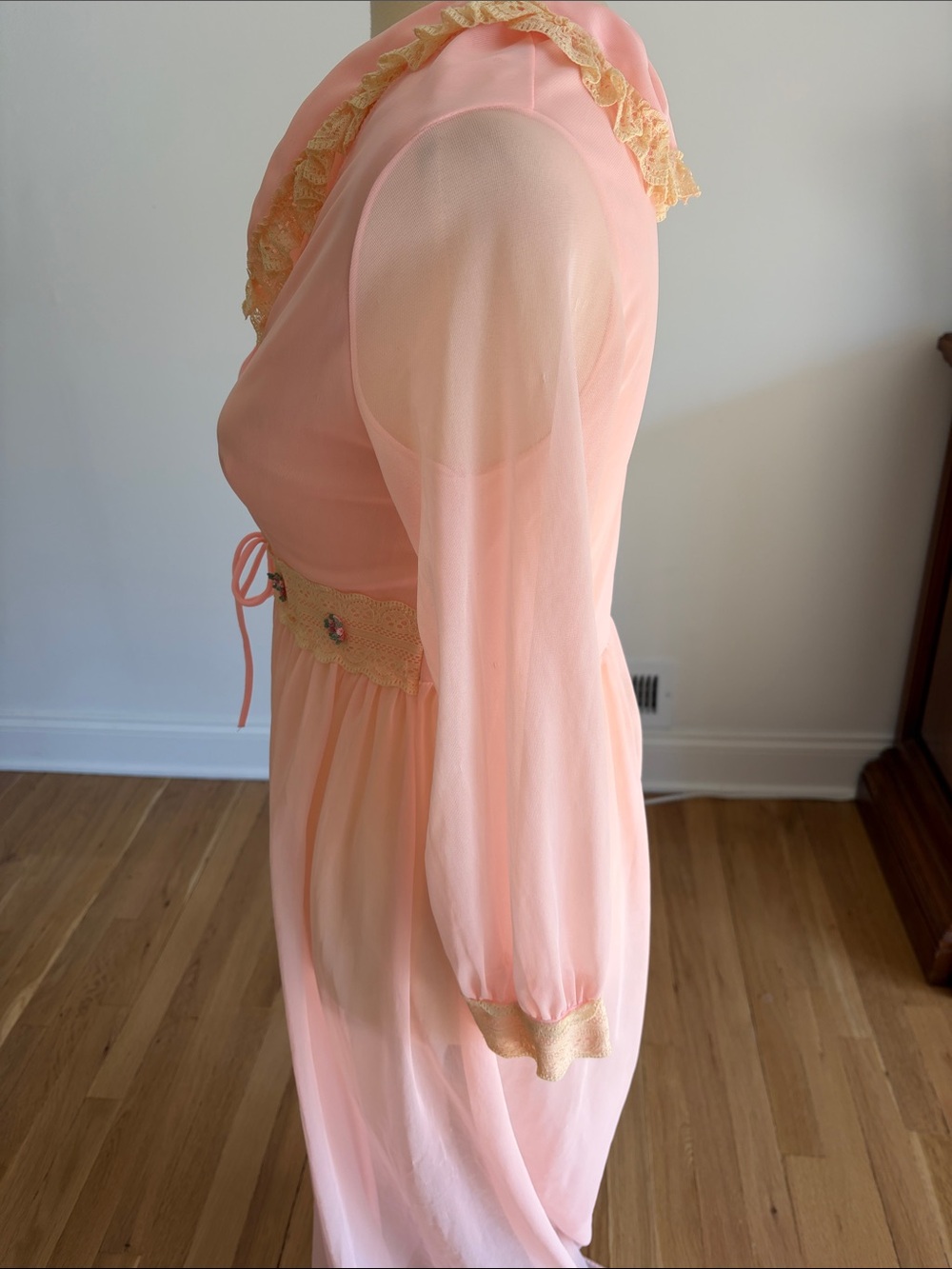 Vintage 70s Pink Sheer Peignoir Robe / Maxi Dress — Medium - Picture 3 of 9